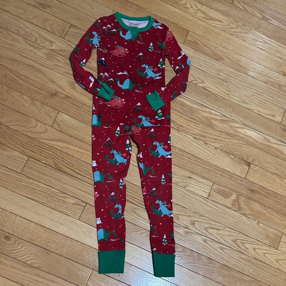 Red Dinosaur Christmas Pajama Set with Green Accents